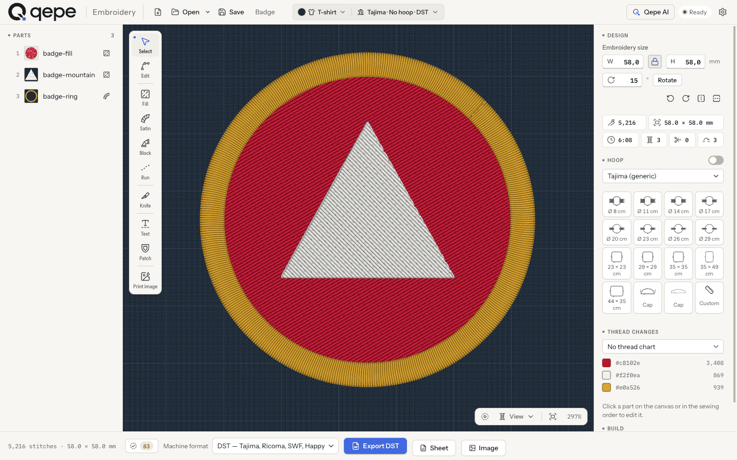 Qepe’s editor: the parts list, the tool palette and a sample badge embroidered on the canvas.