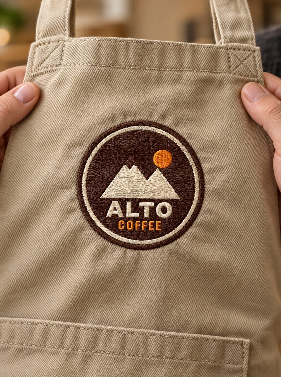 Alto Coffee, gestickt auf dem Textil, in zwei Händen gehalten