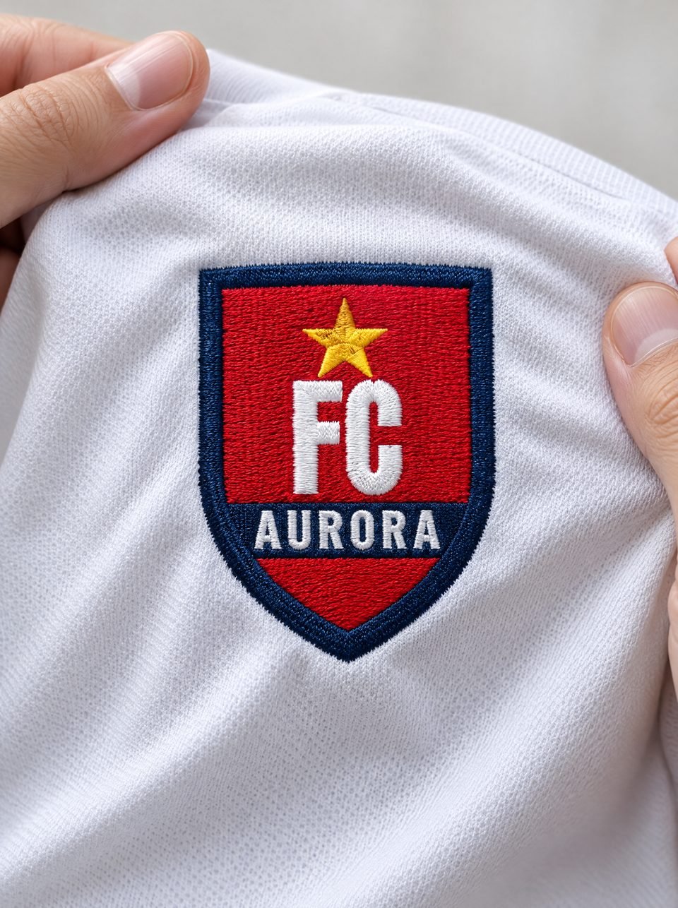FC Aurora, gestickt auf dem Textil, in zwei Händen gehalten