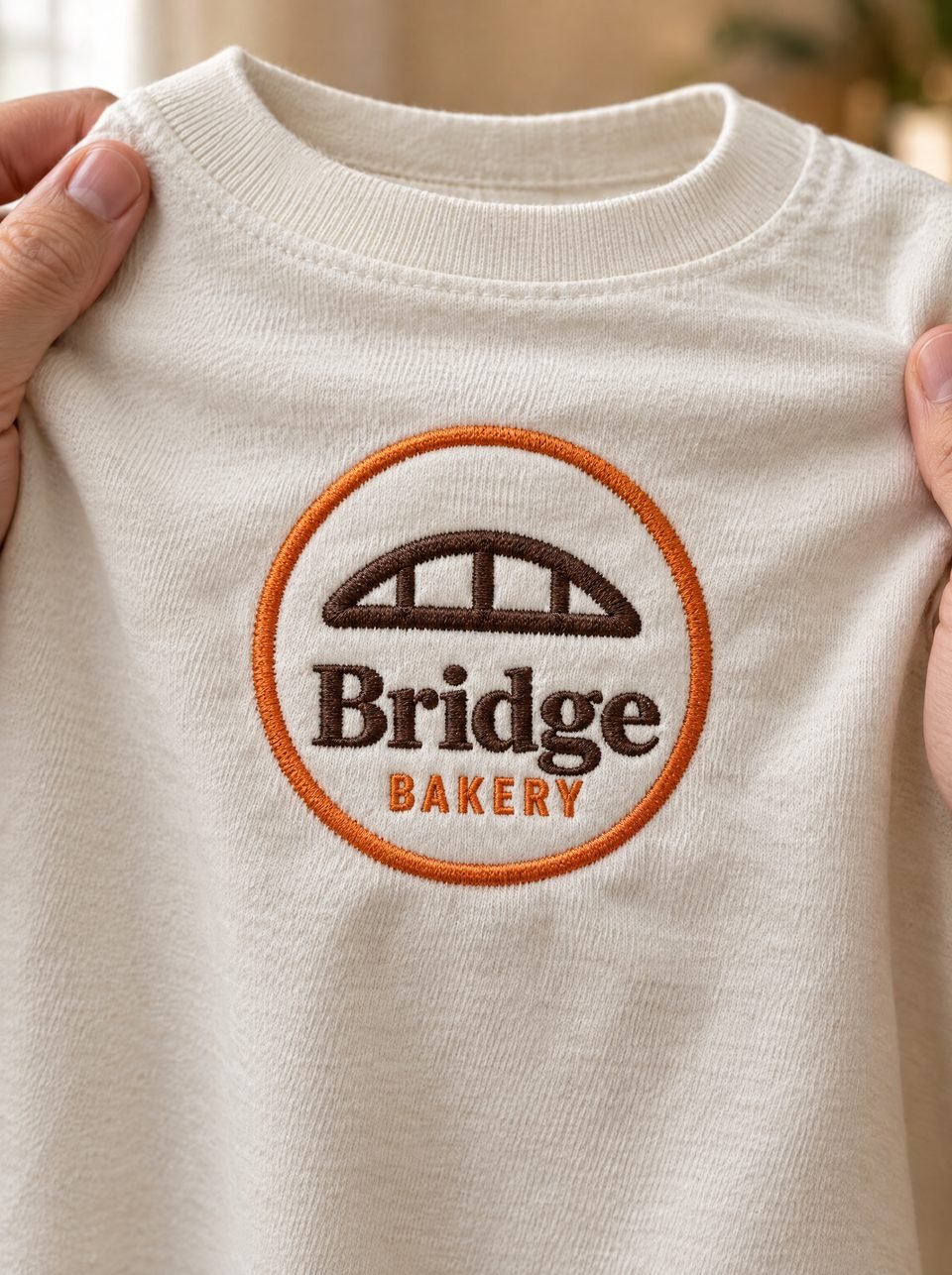 Bridge Bakery, gestickt auf dem Textil, in zwei Händen gehalten
