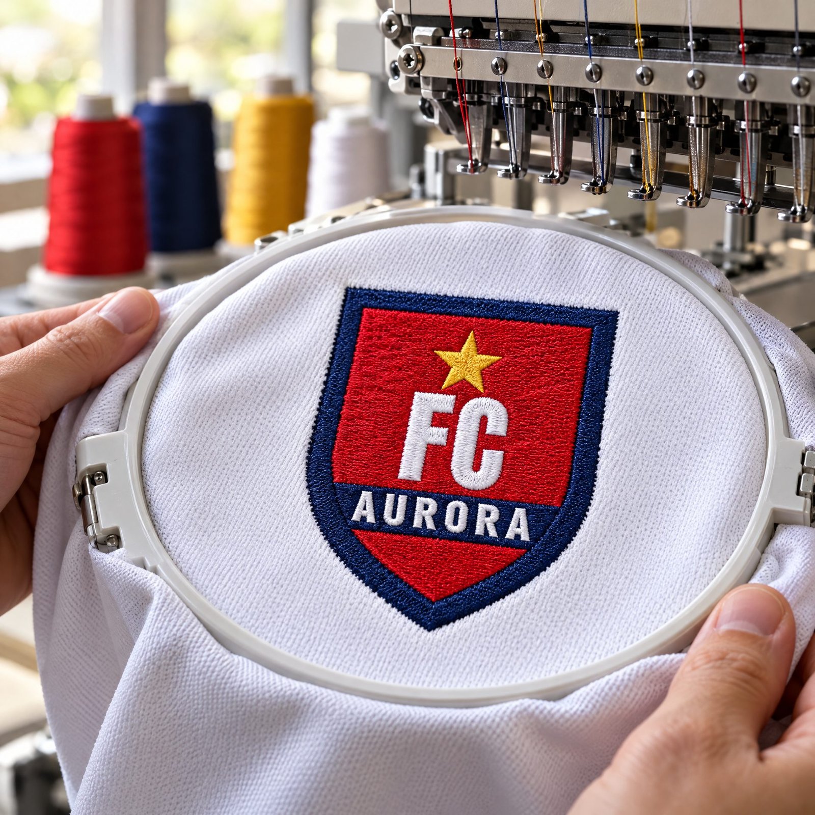 Das Beispielwappen FC Aurora, frisch gestickt auf einem weißen Fußballtrikot, noch im Rahmen, von einer Mehrkopf-Stickmaschine genommen