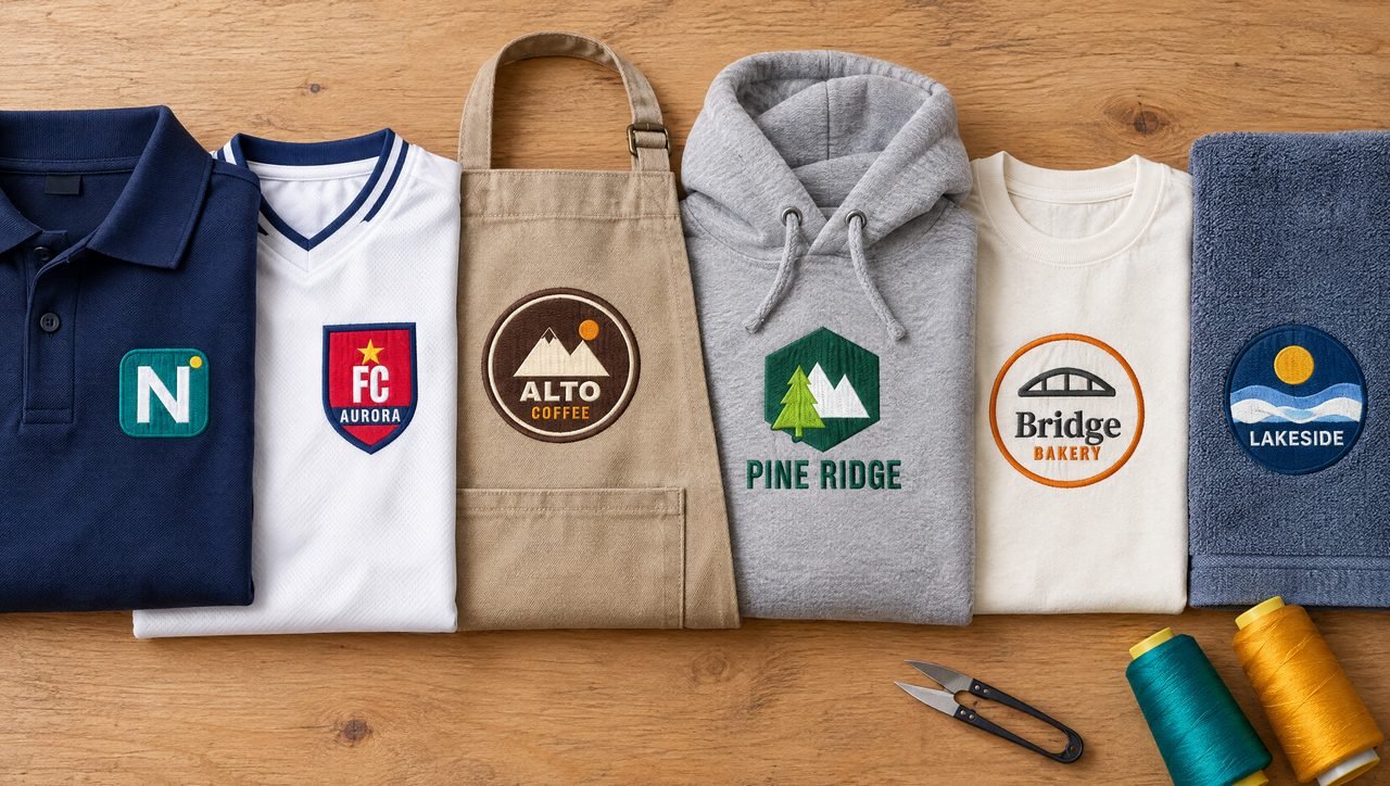 Sechs gefaltete Textilien auf einer Werkbank, jedes mit einem der Beispiellogos bestickt: Novra, FC Aurora, Alto Coffee, Pine Ridge, Bridge Bakery und Lakeside