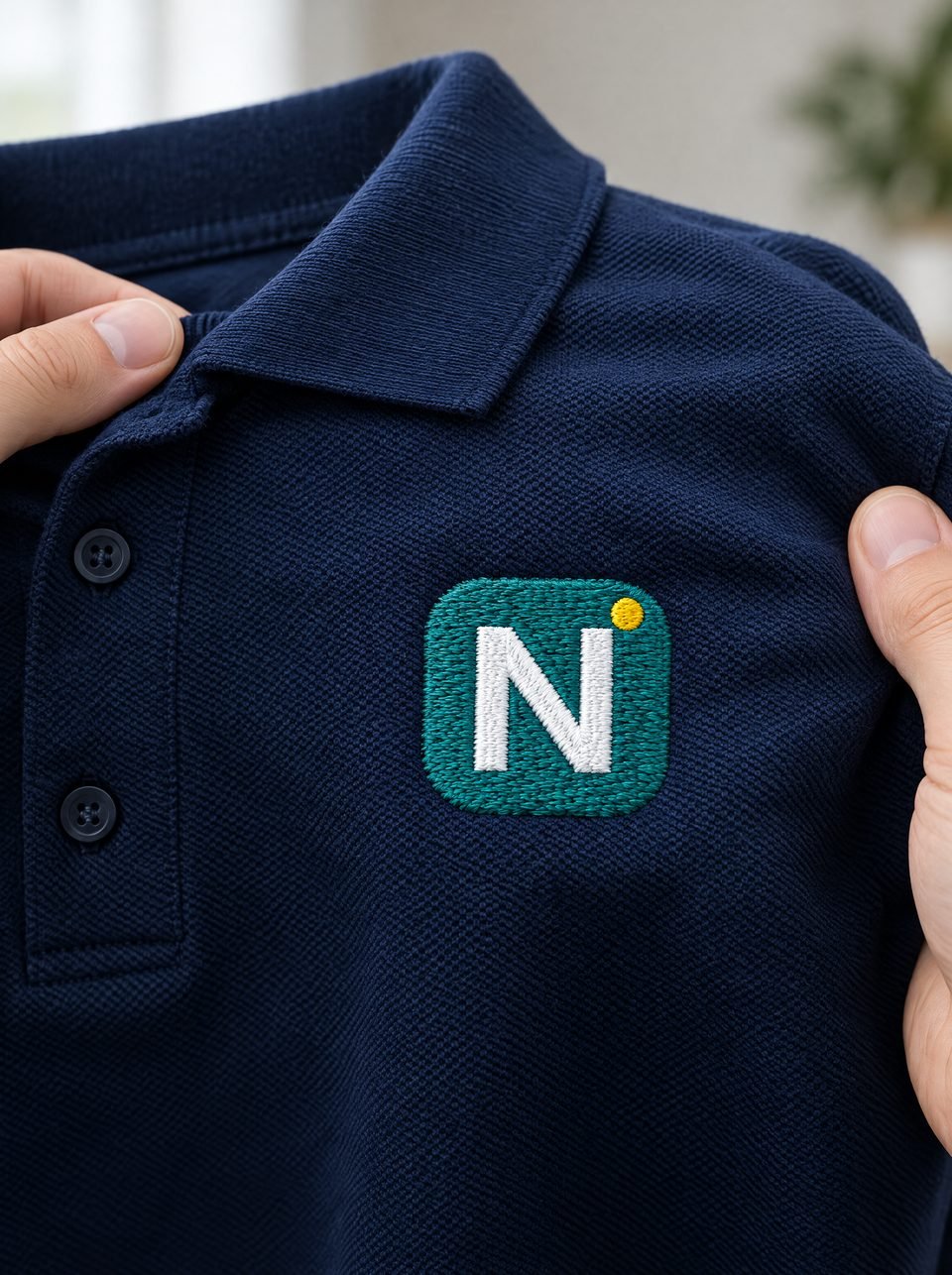 Novra, gestickt auf dem Textil, in zwei Händen gehalten