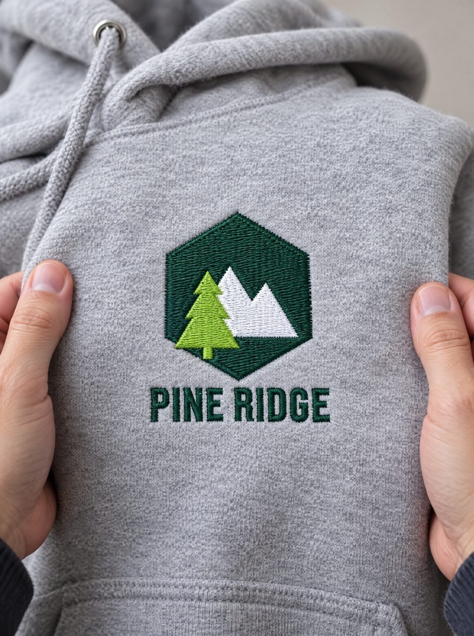 Pine Ridge Outdoor, gestickt auf dem Textil, in zwei Händen gehalten