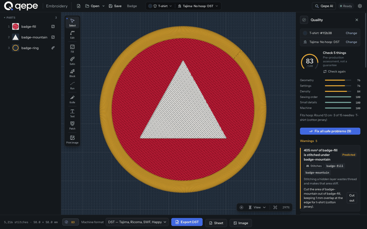 The Quality panel: a score of 83 out of 100, six category bars and the Fix all safe problems button.