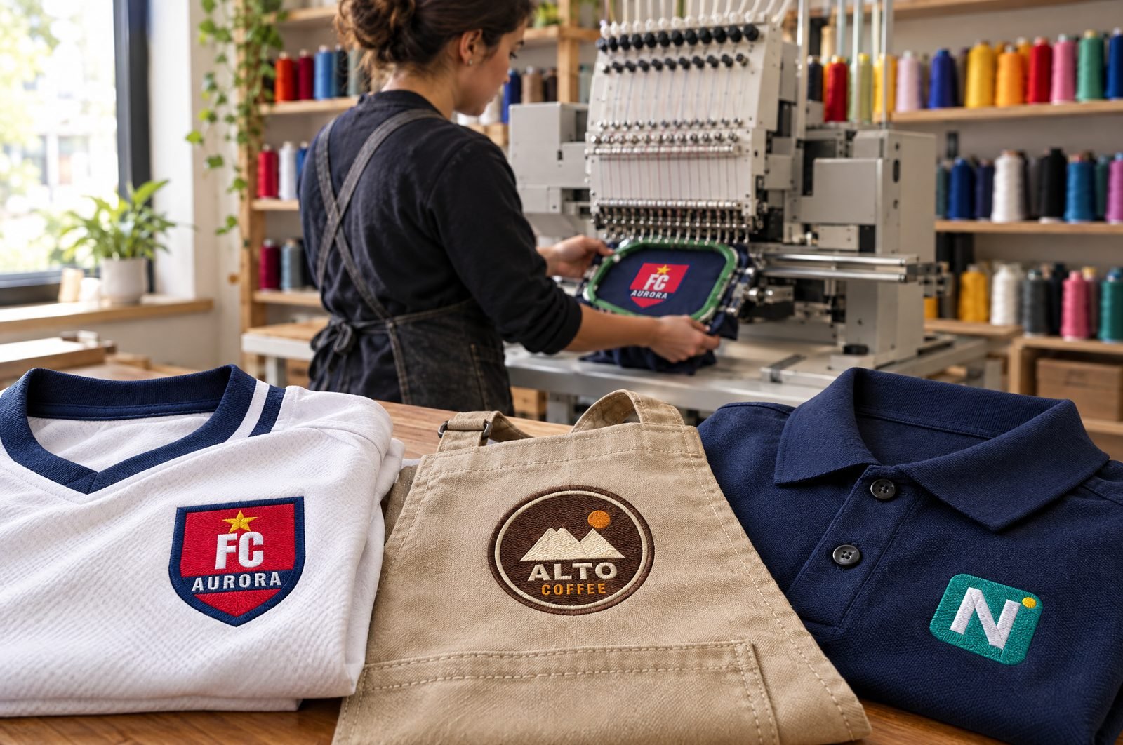 An embroidery shop: an embroiderer takes the FC Aurora crest off a multi-needle machine; on the table, finished garments with the FC Aurora, Alto Coffee and Novra samples