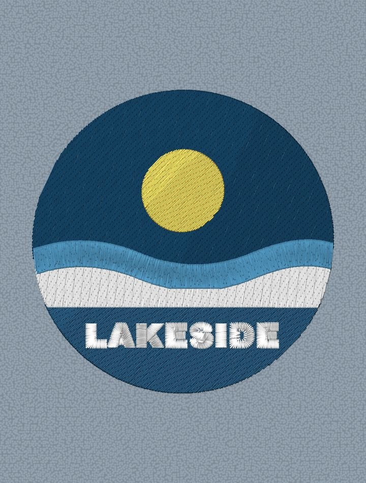 The Lakeside Swim Club sample embroidered from Qepe’s file: 13,313 stitches in four colours on a towel.