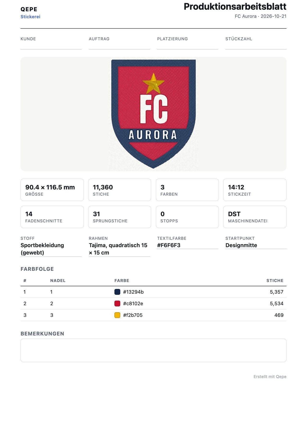 Das Produktionsarbeitsblatt von Qepe für FC Aurora: Größe, 11.360 Stiche, 3 Farben, 14 Fadenschnitte, die DST-Datei, der Rahmen und die Farbfolge nach Nadel