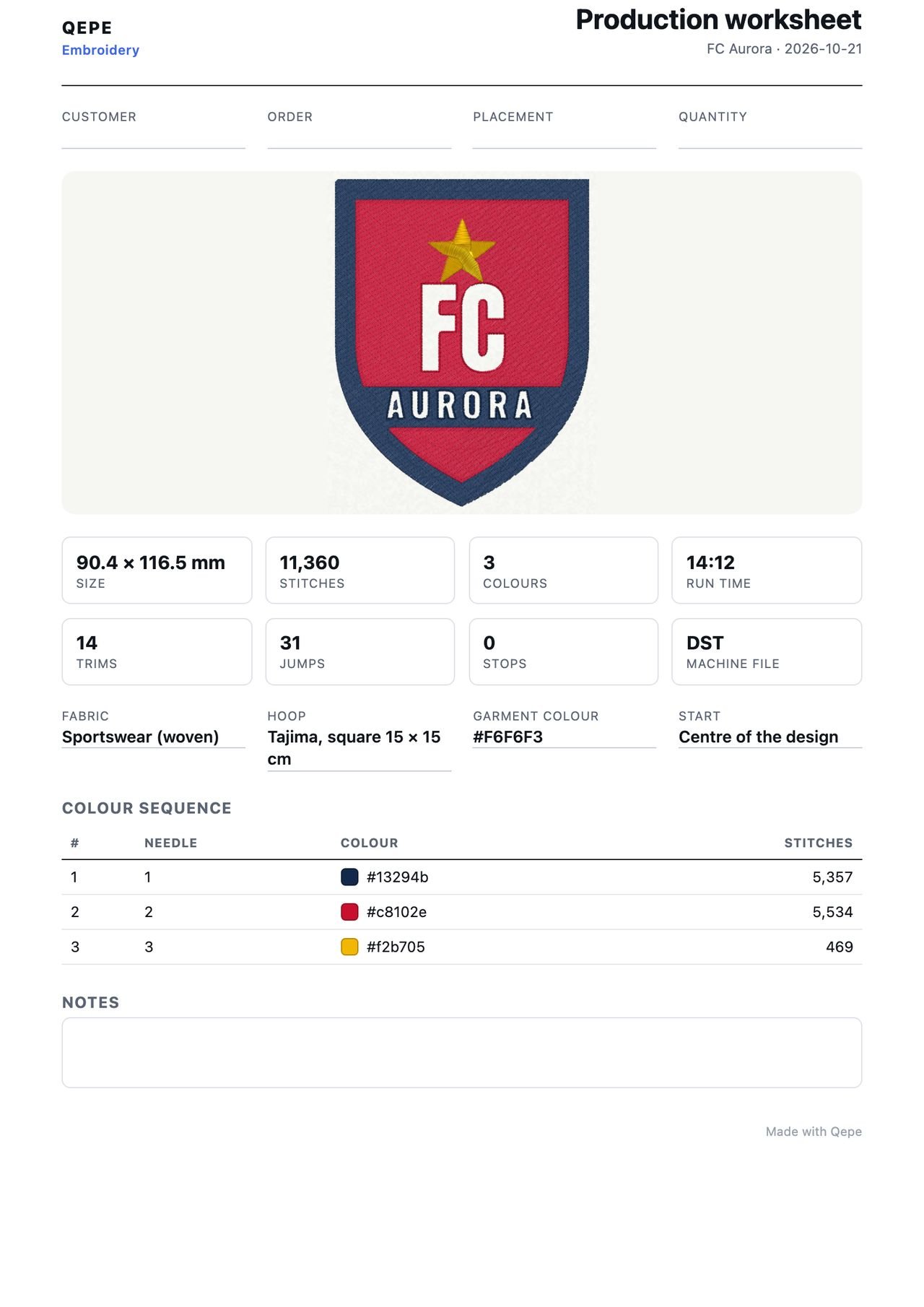 Qepe’s production worksheet for FC Aurora: its size, 11,360 stitches, 3 colours, 14 trims, the DST file, the hoop and the colour sequence by needle