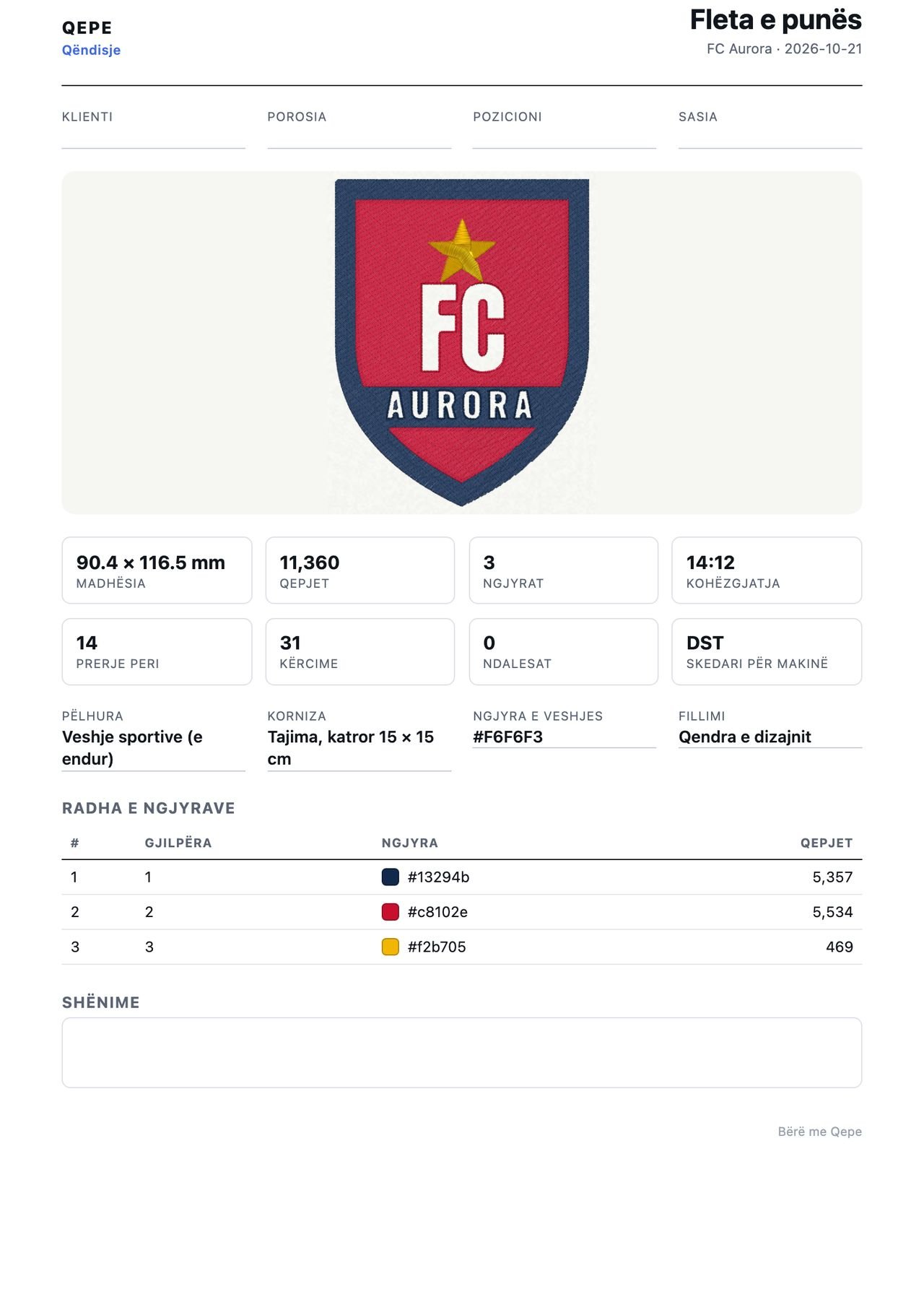 Fleta e punës e Qepe për FC Aurora: madhësia, 11 360 qepje, 3 ngjyra, 14 prerje peri, skedari DST, korniza dhe radha e ngjyrave sipas gjilpërës